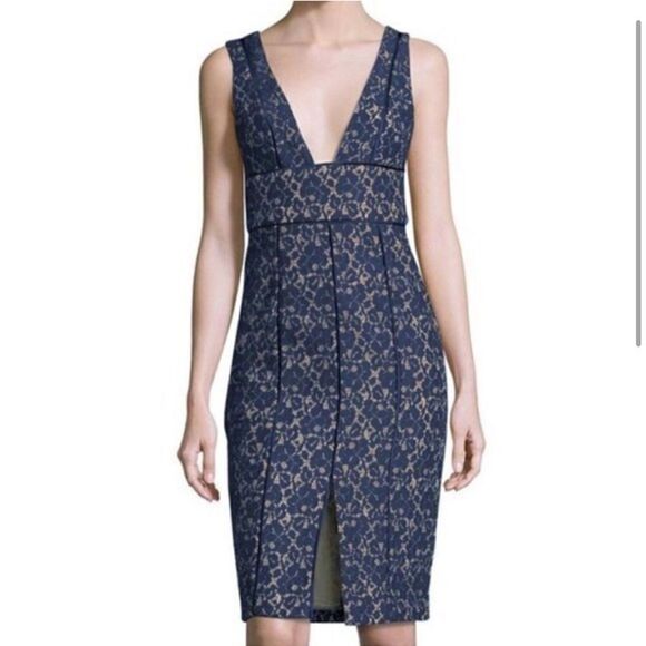 Keepsake The Label Too Soon Lace Blue Nude Plunge Sheath Dress Cocktail Size M - Picture 1 of 12